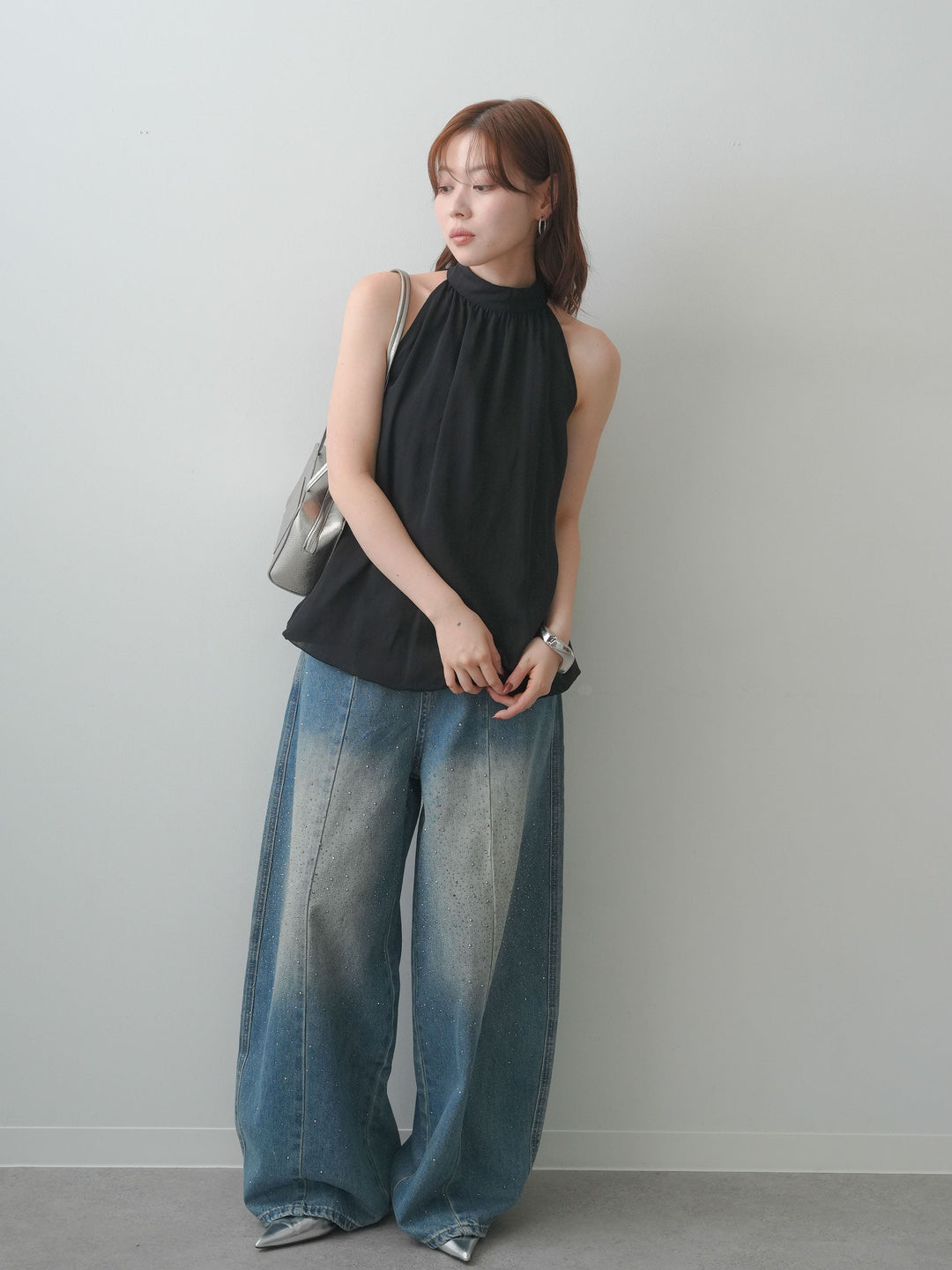 [SET]シフォンアメスリバルーンブラウス+フロントビジューカーブデニムパンツ(2set)