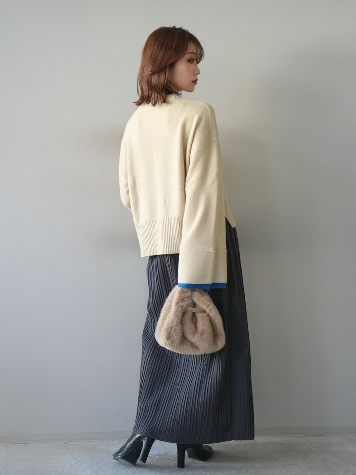 [SET]袖レイヤード配色ニットプルオーバー+プリーツIラインスカート(2set)
