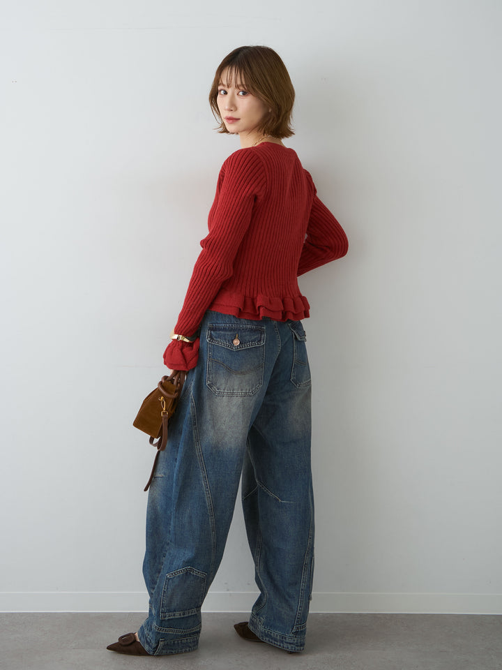 [SET]アルパカタッチフリルカーディガン+ヘムデザインワイドデニムパンツ(2set)