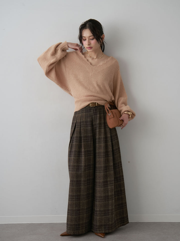 [SET]スカラップVネックドルマンニットトップス+チェックダブルタックワイドパンツ(2set)