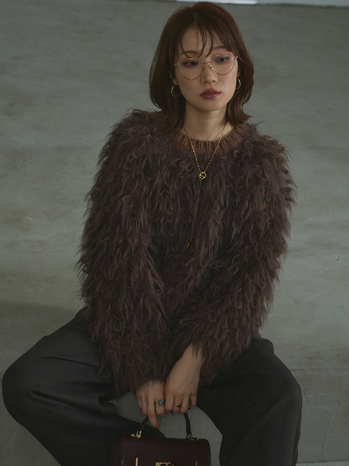 【Allure】[SET]ミックスシャギーループニットプルオーバー+杢チェックタックパンツ(2set)