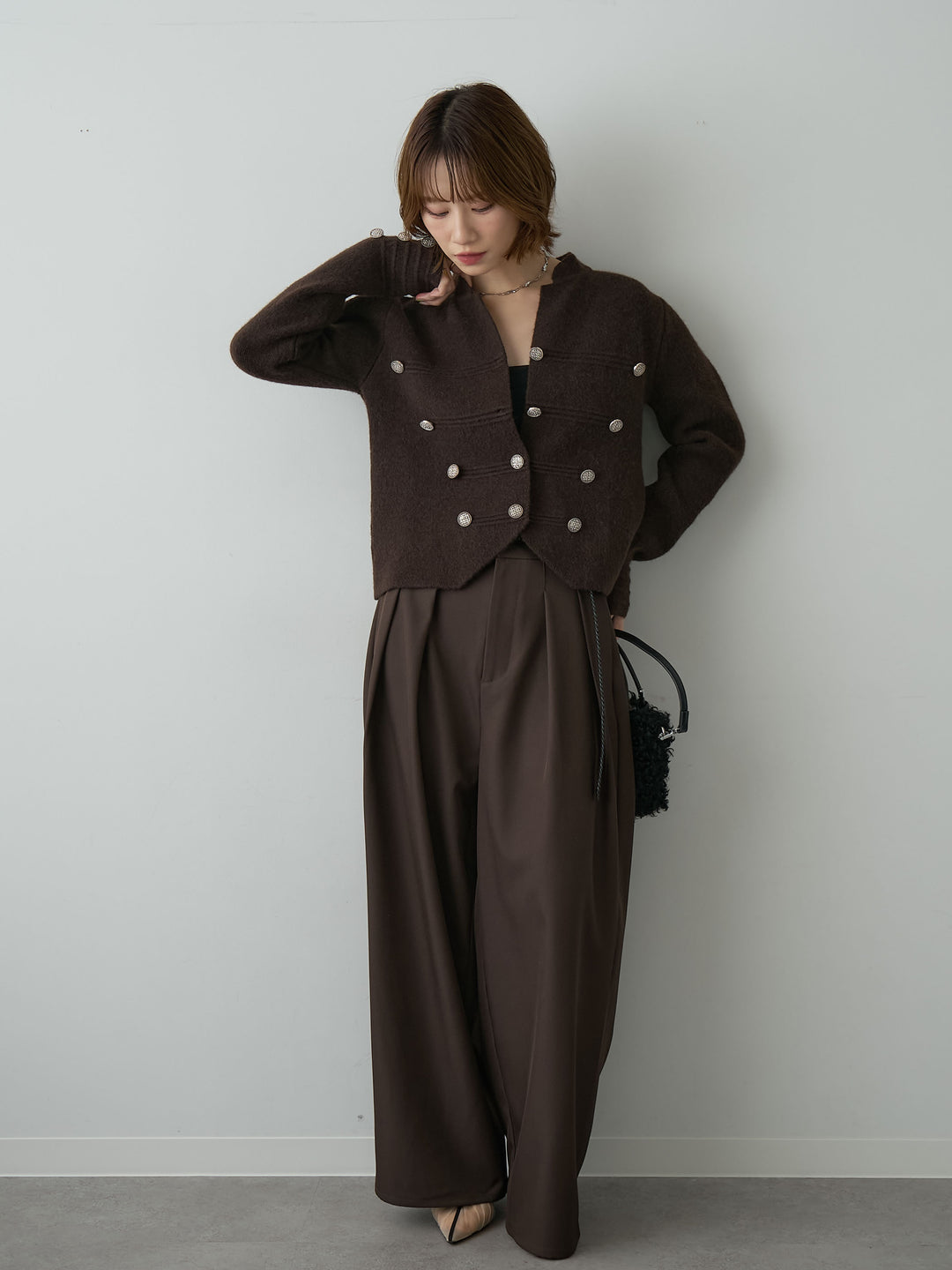 [SET]ナポレオンニットジャケット+ツイルタックワイドパンツ(2set)