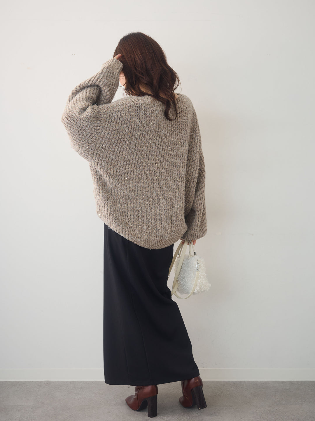 [SET]バルーンスリーブスパンリブニットトップス+クレープデシンフラップ付きストレートスカート(2set)