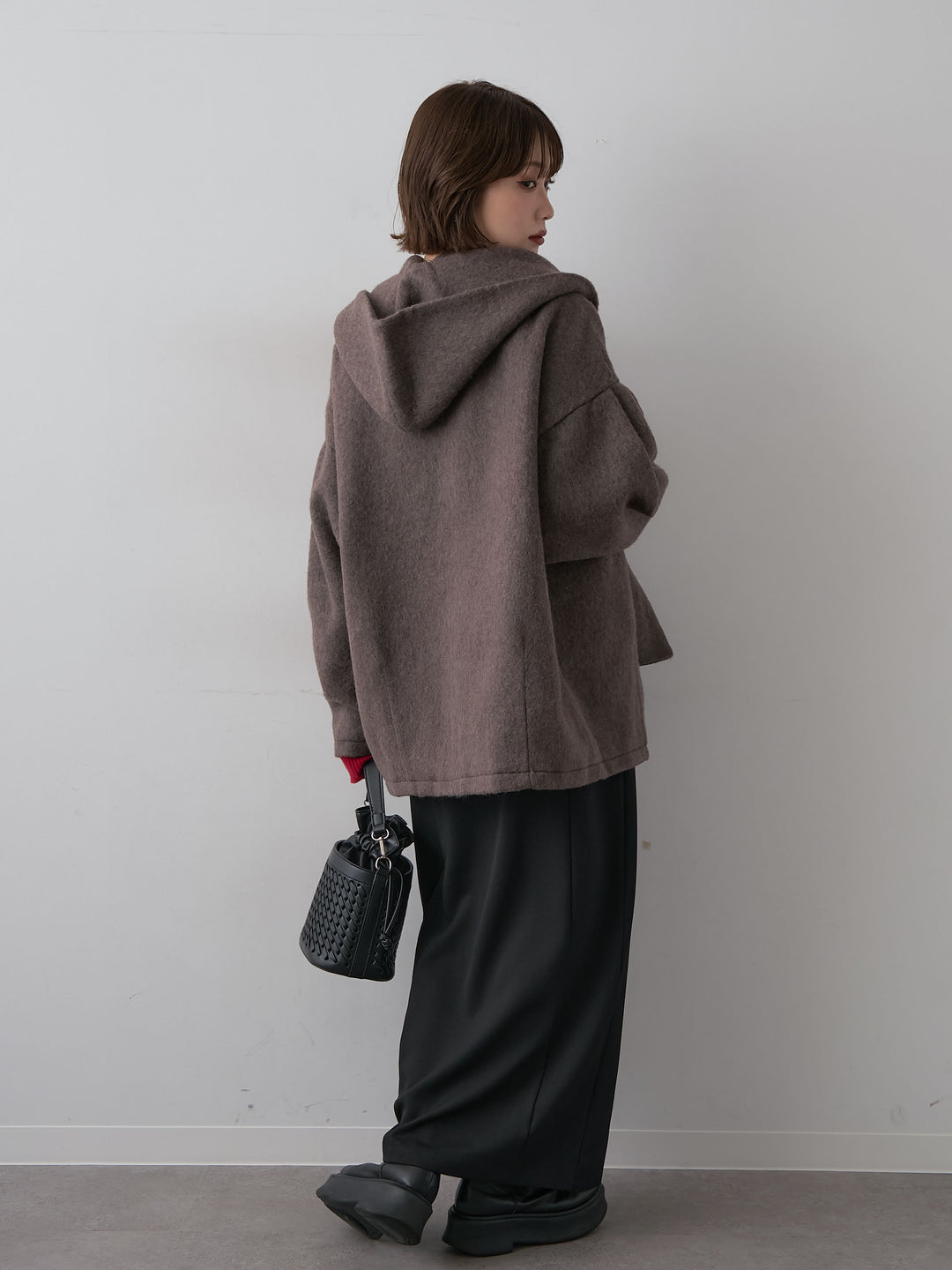 [SET]フードマフ付メランジコート+クレープデシンフラップ付きストレートスカート(2set)