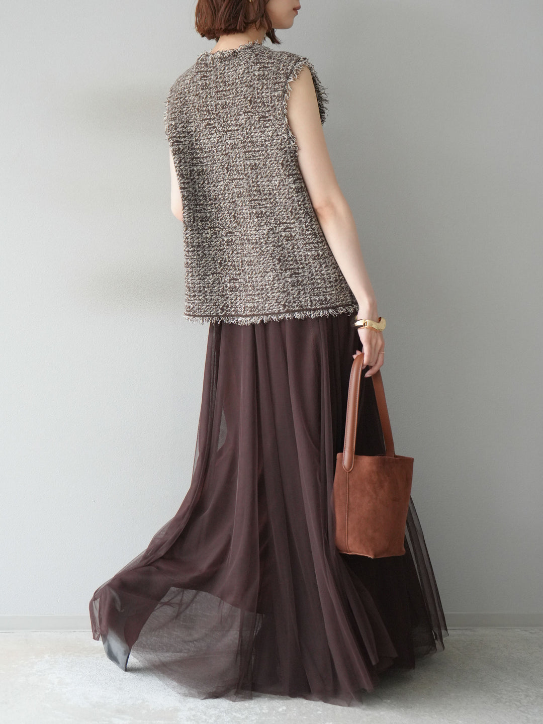 [予約]ミックスツイードフリンジニットベスト/ブラウン