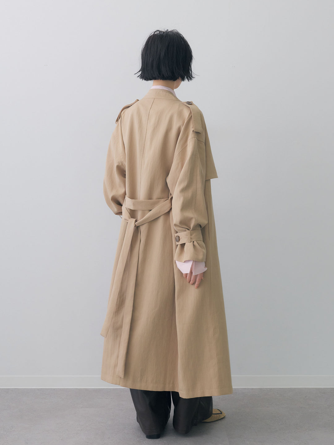 [SET]ミニラペルアシンメトリーロングトレンチ+フェイクレザーワイドパンツ(2set)