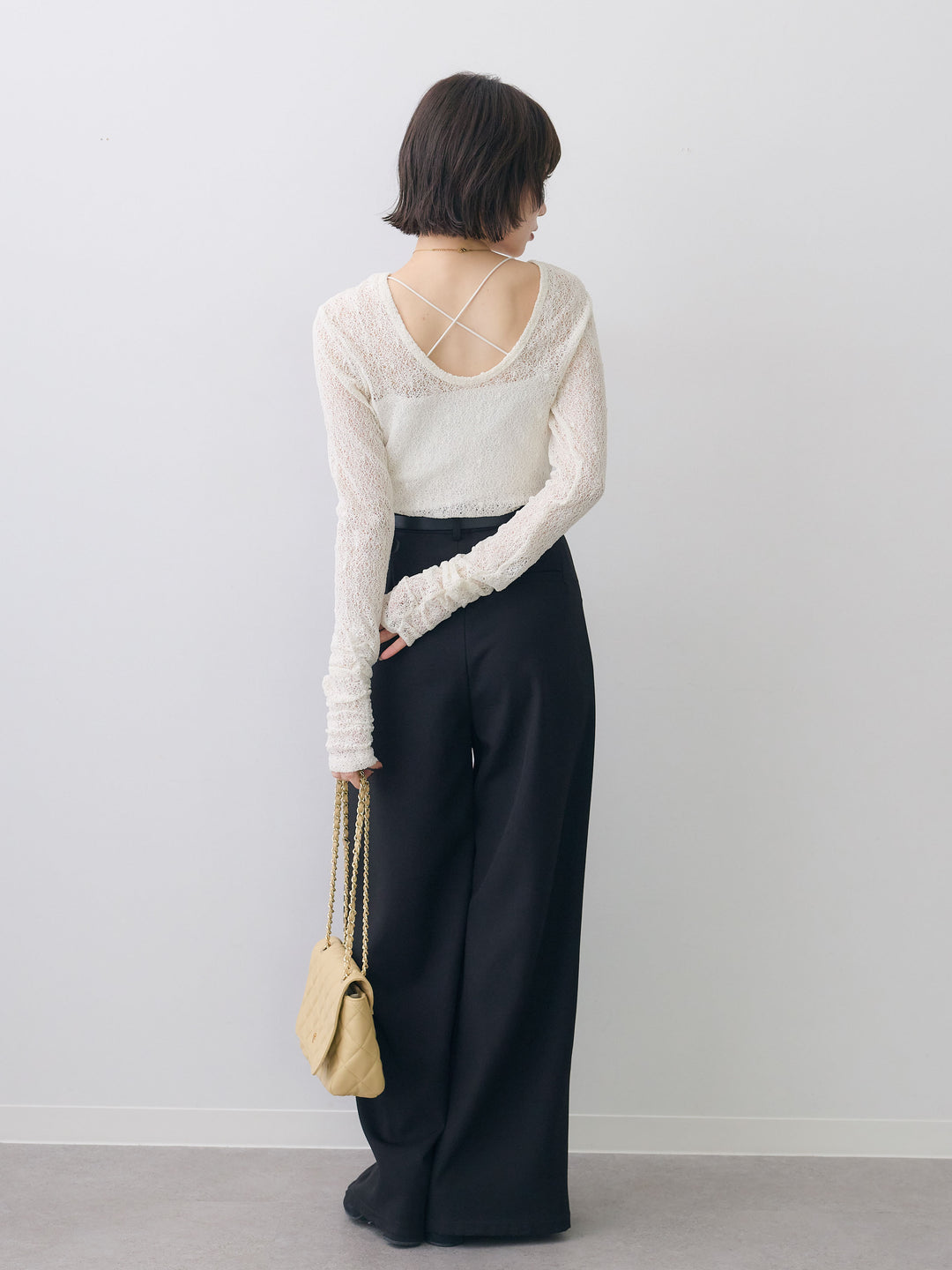 [SET]メッシュレースバックオープントップス+ベルトループデザインワイドパンツ(2set)