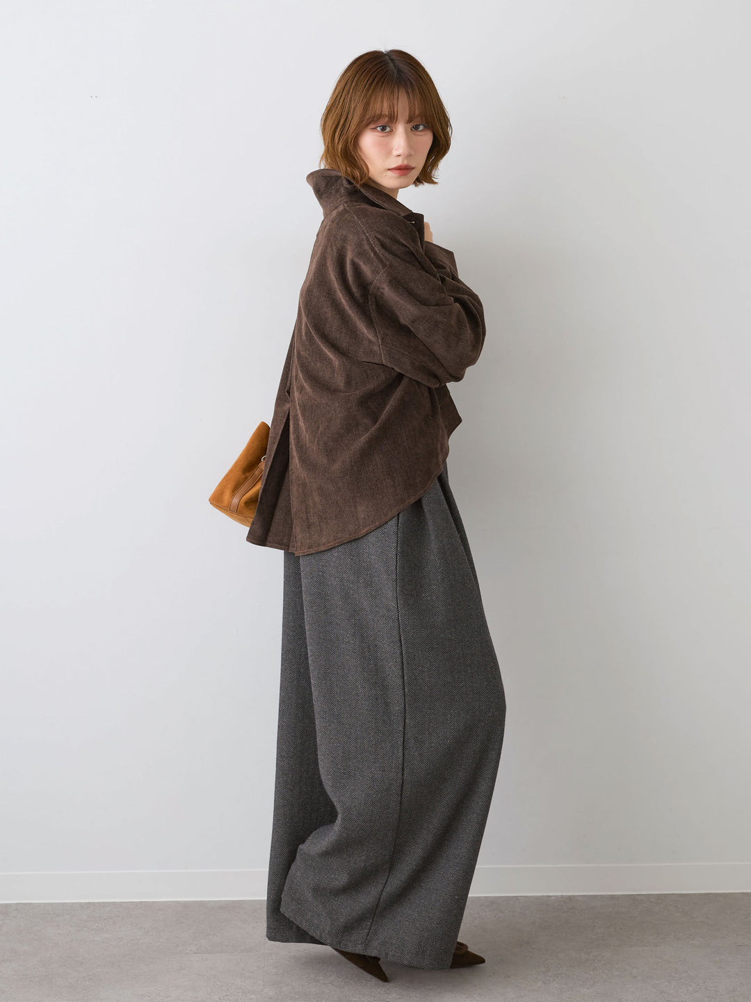 【套裝】人字紋背帶褲+絲絨牛仔襯衫（兩件套）