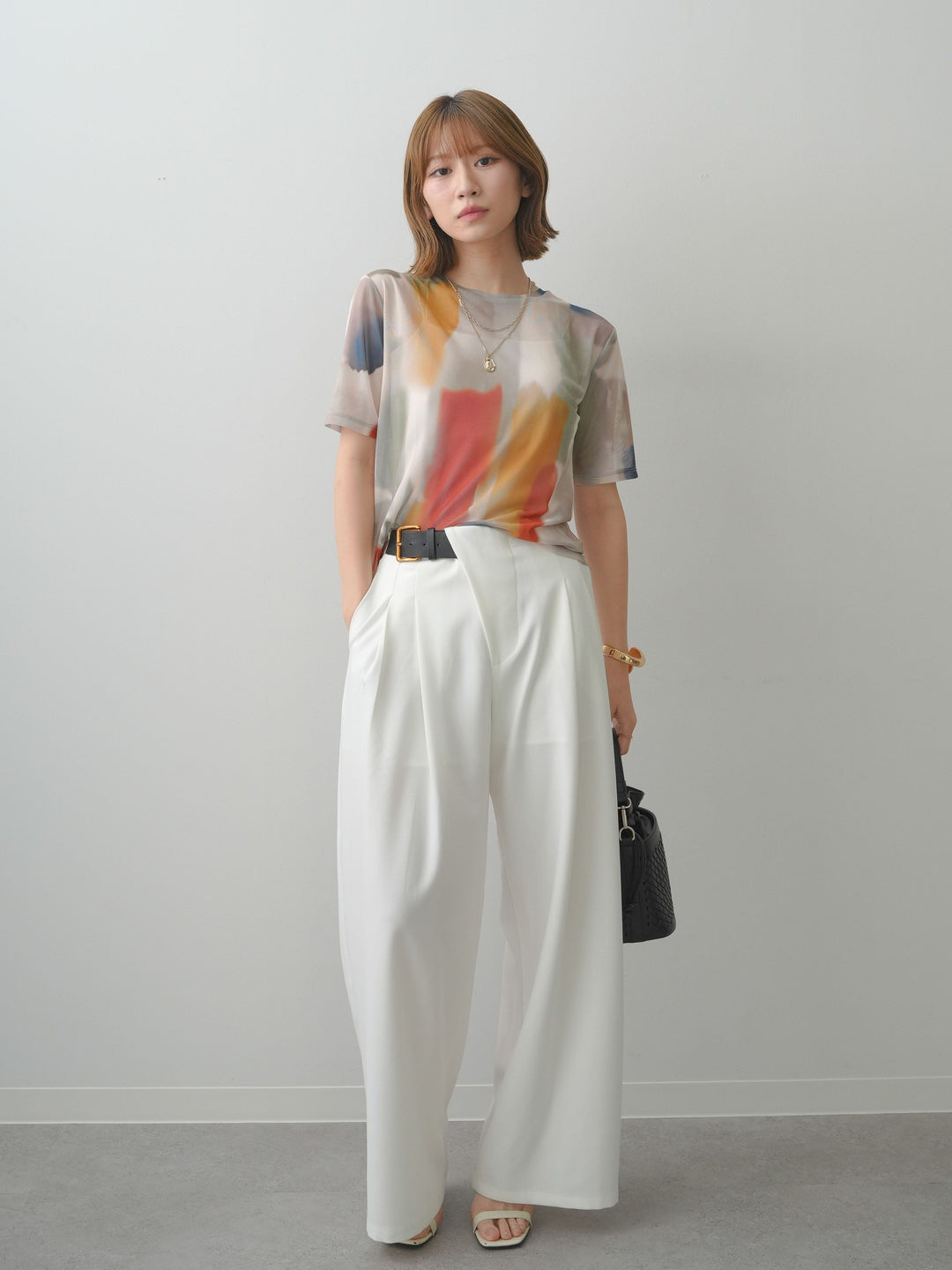 [SET]水彩アートシアーTシャツ+アシンメトリーベルトタックワイドパンツ(2set)