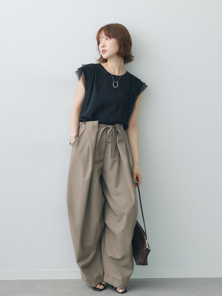 [SET]ショルダーチュールノースリTEE+ベルトループカーブタックワイドパンツ(2set)