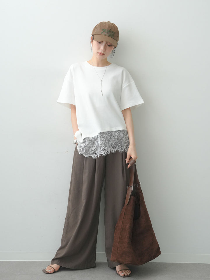 [SET]アシメレースヘムワイドTEE+ベルトデザインタックドレープワイドパンツ(2set)