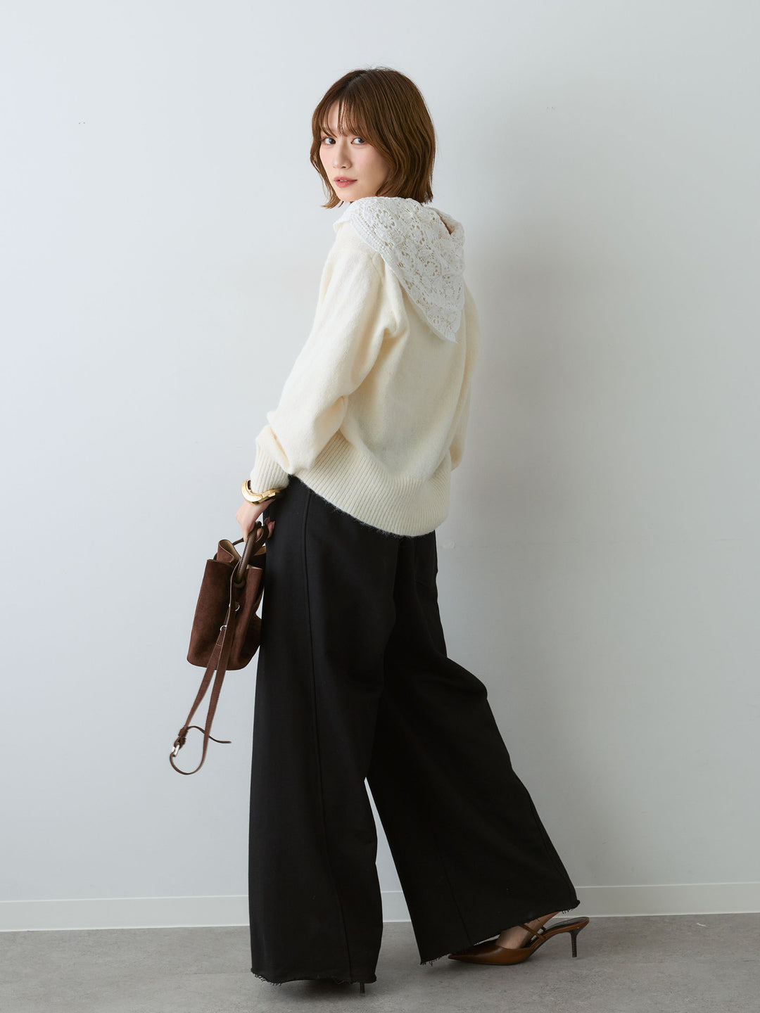 [SET]モヘアレースショールカラーカーディガン+カットオフスウェットワイドパンツ(2set)