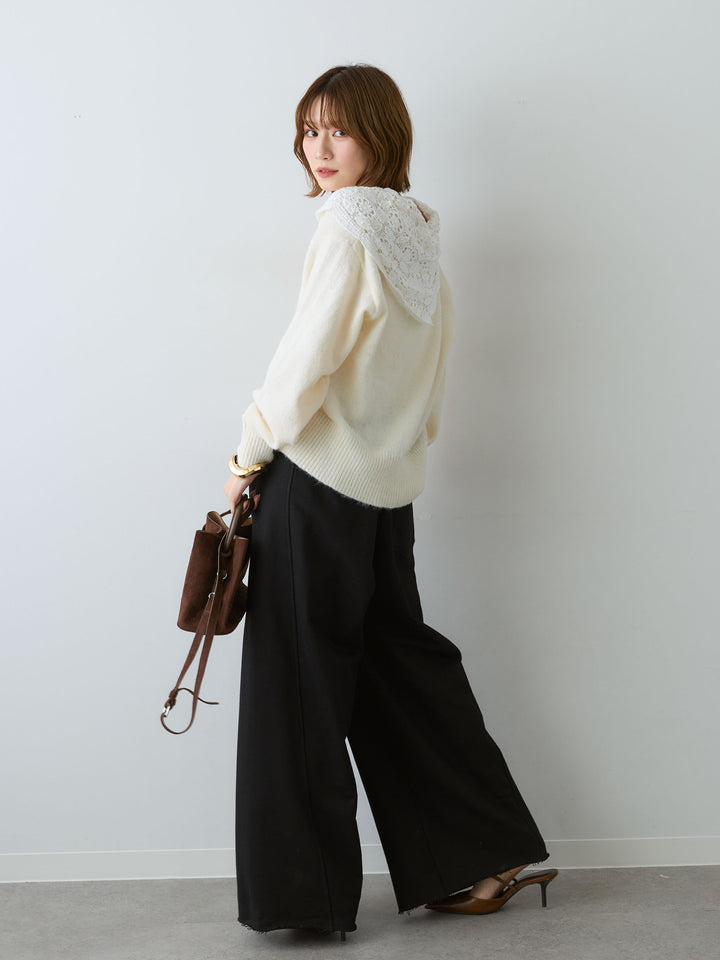 [SET]モヘアレースショールカラーカーディガン+カットオフスウェットワイドパンツ(2set)