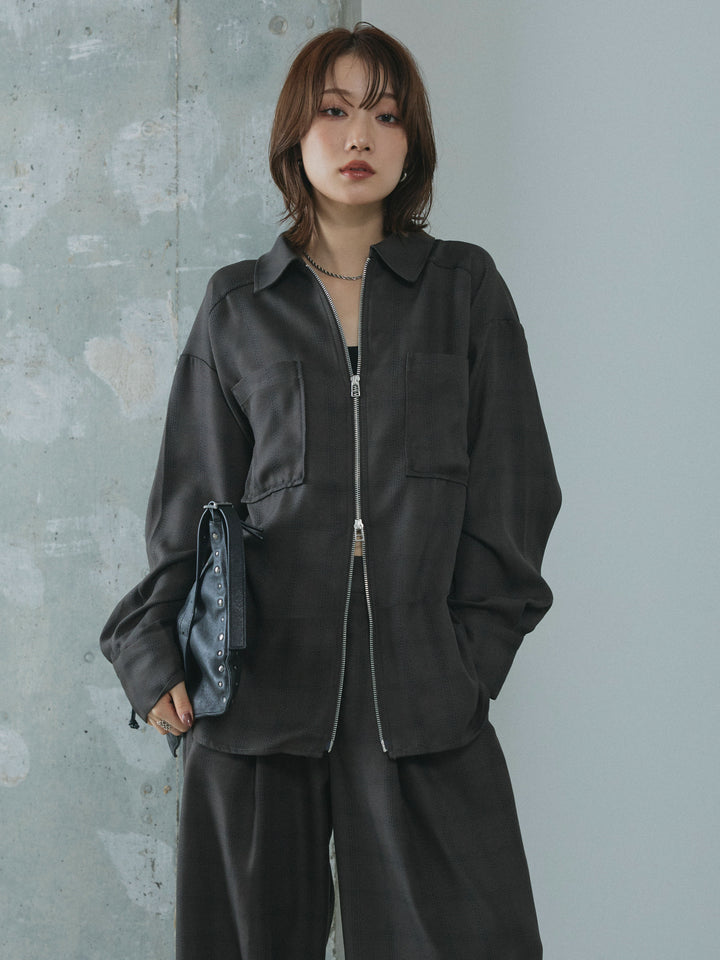 【Allure】[SET]杢チェックZIPシャツジャケット+杢チェックタックパンツ(2set)