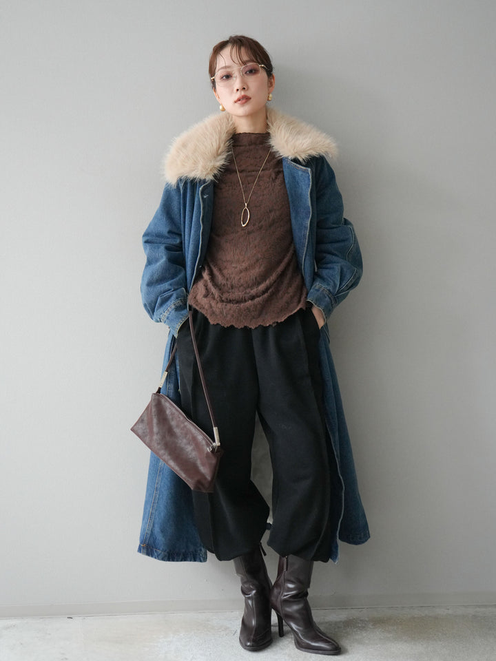 [予約]ファー襟デニムロングコート/blue