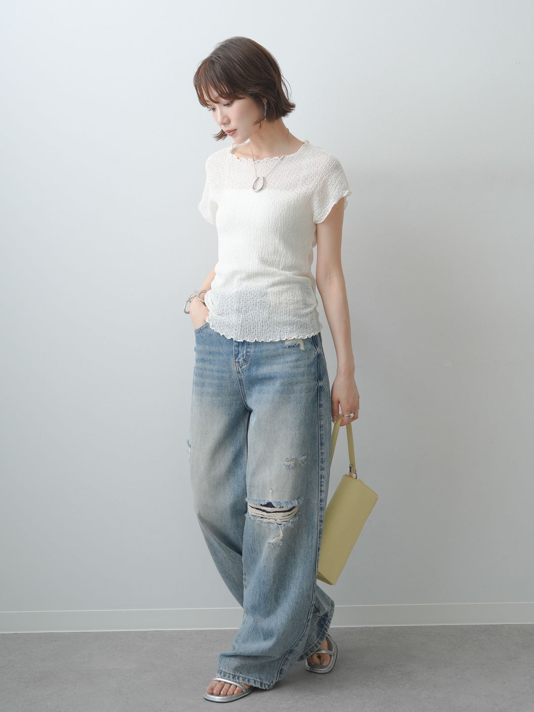 [SET]シャーリングシアーバックオープンフレンチトップス+ダメージデニムセミワイドパンツ(2set)