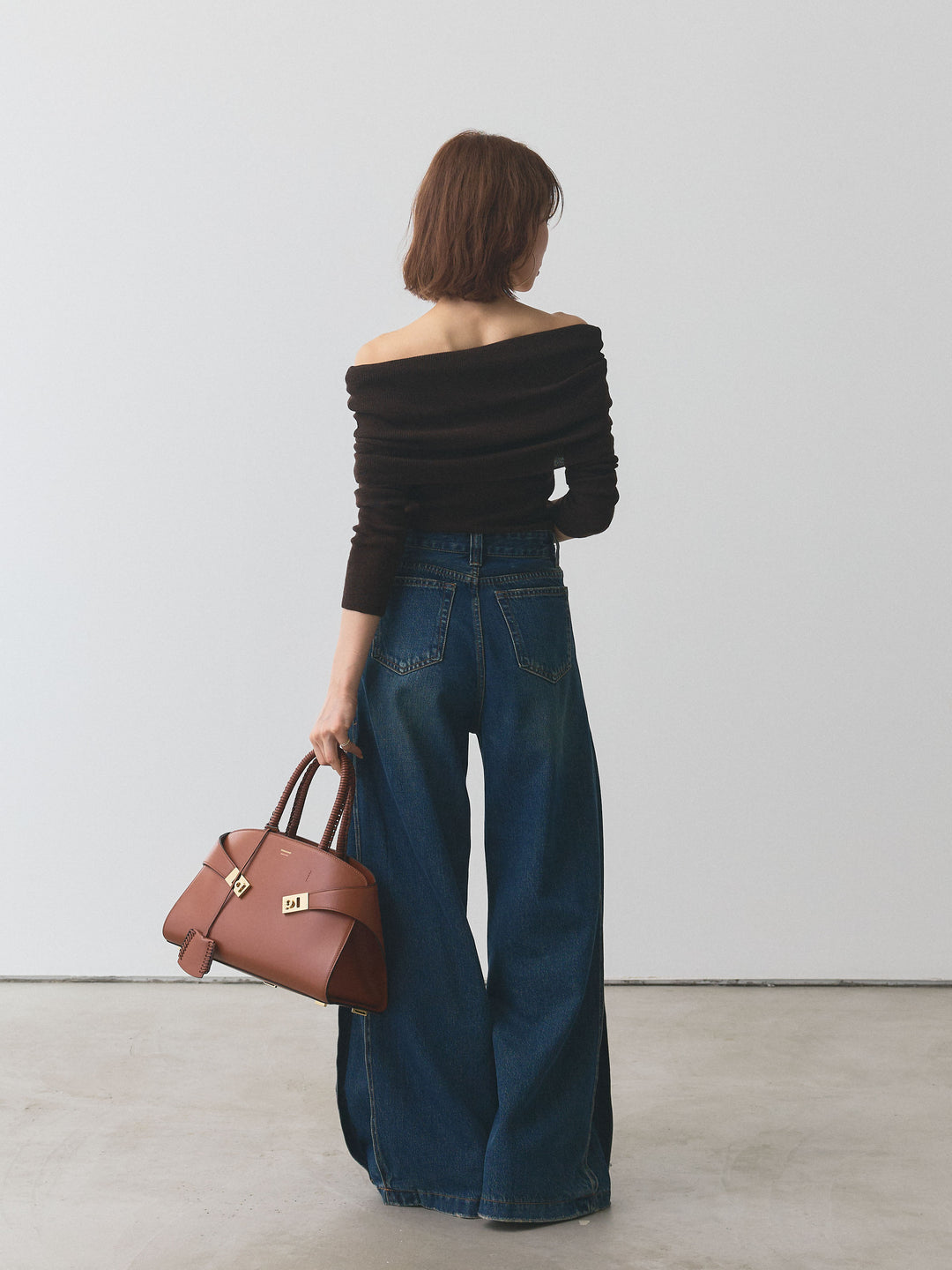 【Allure】[SET]オフショルニットトップス+サイドタックヴィンテージワイドデニム(2set)