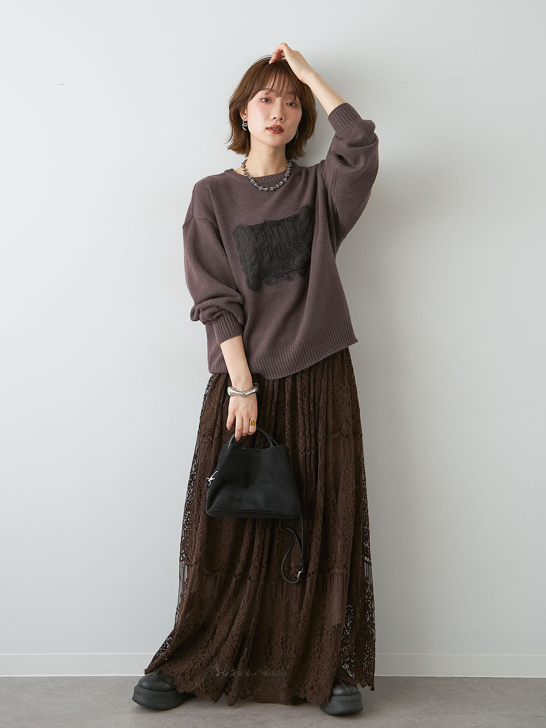 [SET]アルパカタッチ刺繍レースロゴニットプルオーバー+ベロアレースドレープフレアスカート(2set)