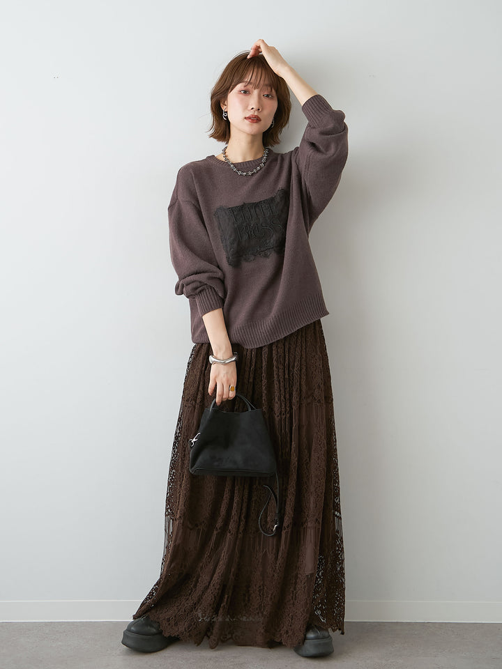[SET]アルパカタッチ刺繍レースロゴニットプルオーバー+ベロアレースドレープフレアスカート(2set)