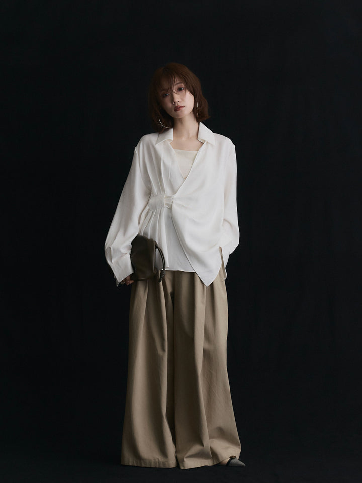 【Allure】[SET]ドレープデザインシャツ+ベルト付ダブルループワイドパンツ(2set)