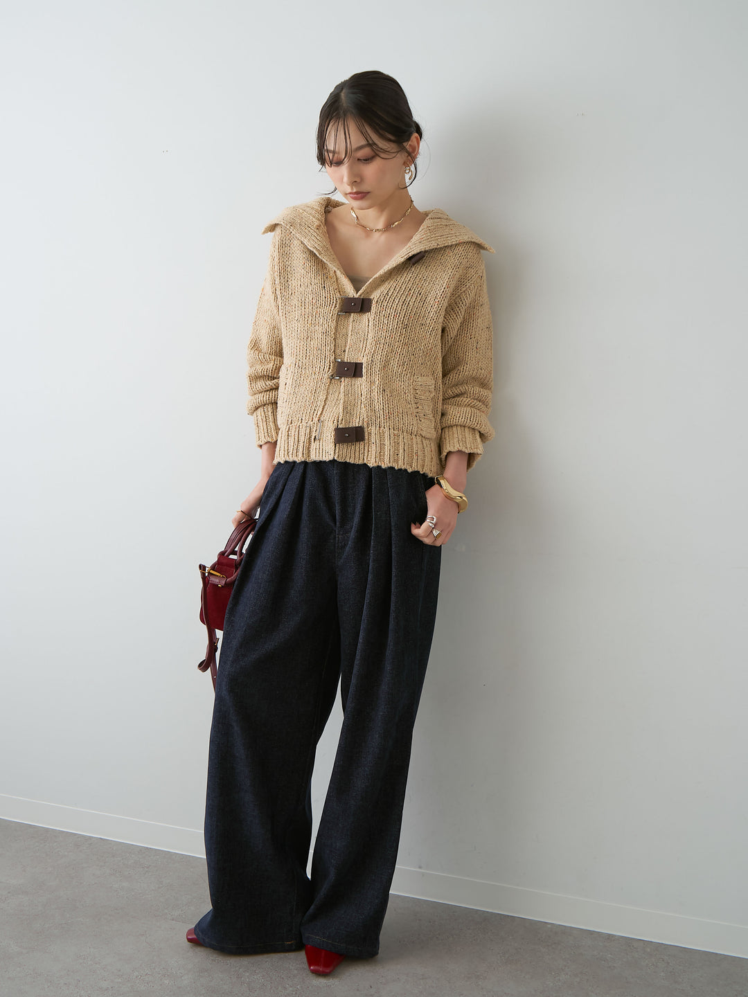 [SET]レザーベルトメランジニットカーディガン+ベロアデニムタックワイドパンツ(2set)