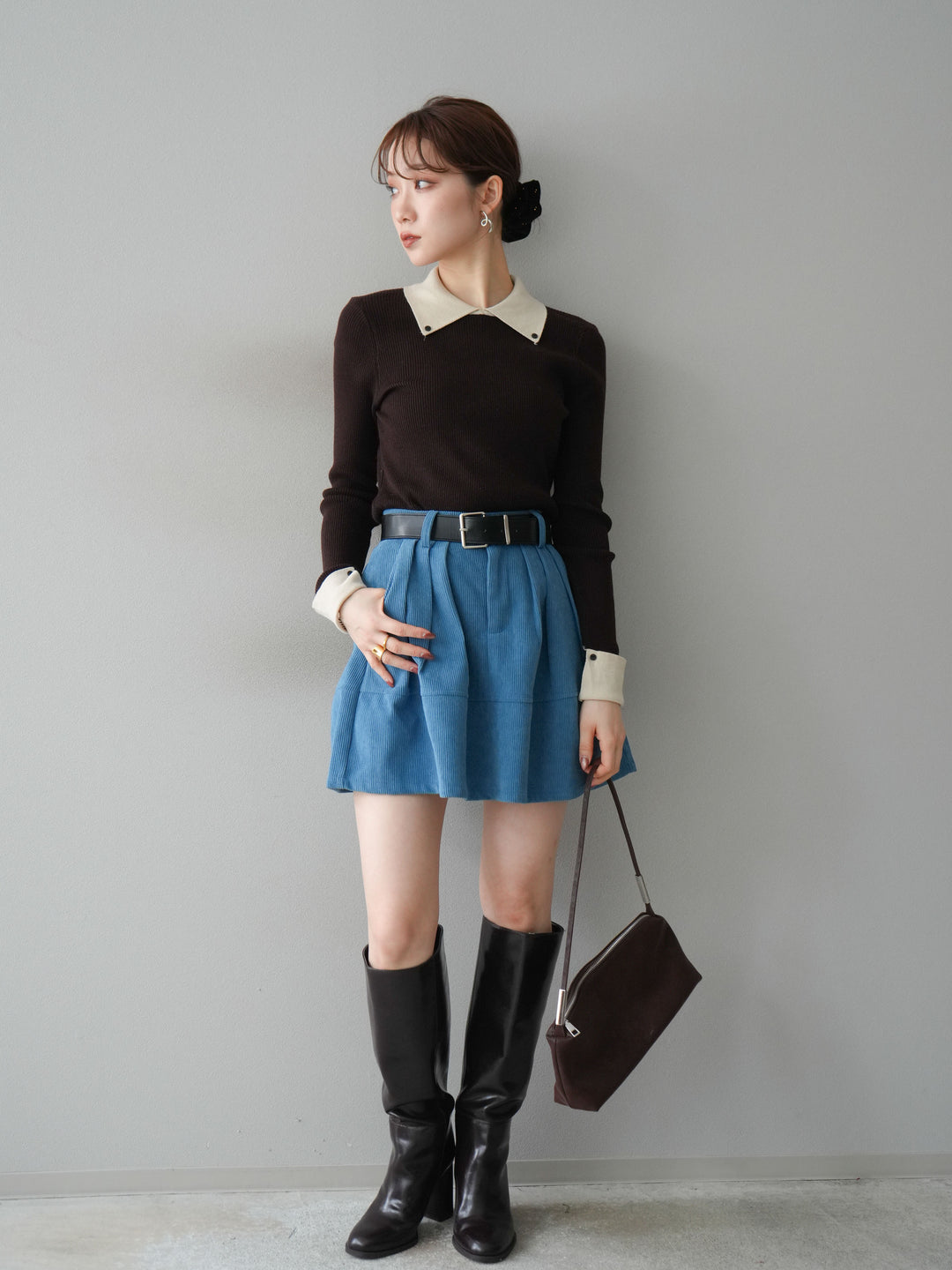 [予約]ベルト付インパンコーデュロイタックフレアスカート/blue