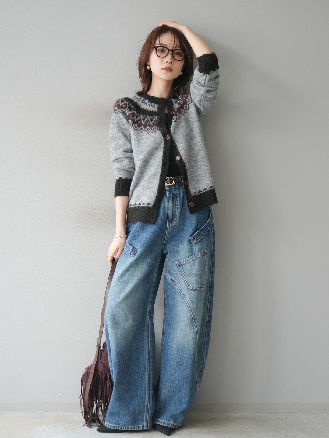 [SET]ノルディック柄ニットカーディガン+ペインターカーブデニムパンツ(2set)