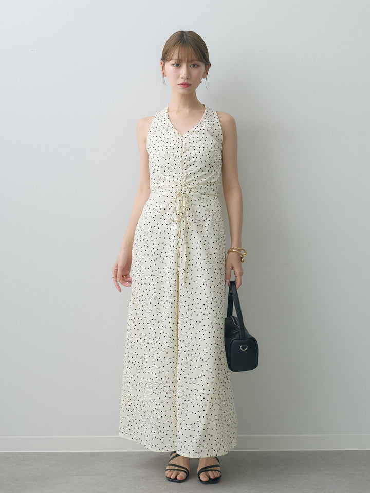 [予約]ホルターネックドット柄シャーリングデザインワンピース/ivory