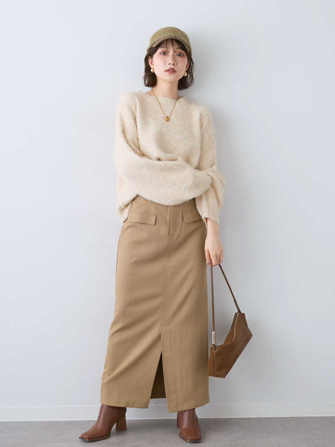 [SET]ソフトシャギーニットプルオーバー+クレープデシンフラップ付きストレートスカート(2set)