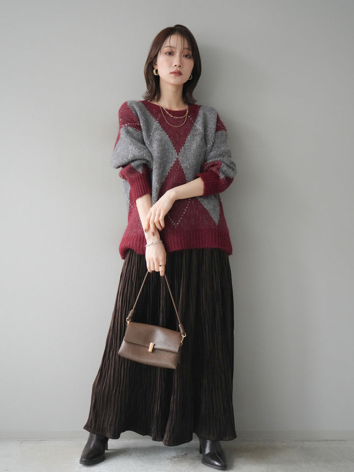 [SET]アーガイルオーバーニットプルオーバー+スエードワッシャープリーツスカート(2set)