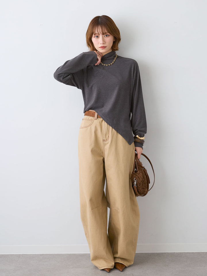 [SET]モックネックアシメヘムトップス+カラーステッチワイドパンツ(2set)
