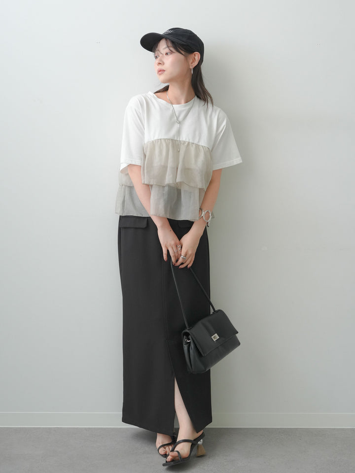 [SET]オーガンジーフリルドッキングTEE+クレープデシンフラップ付きストレートスカート(2set)