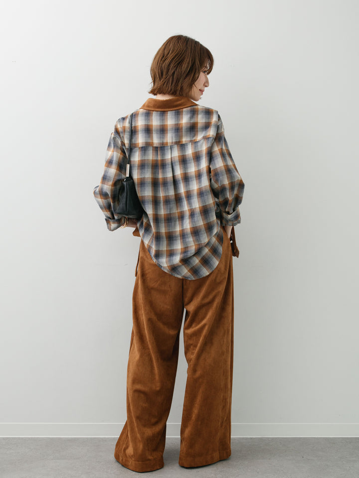 [SET]チェックオーバーシャツ+スウェードタッチカットワークワイドパンツ(2set)