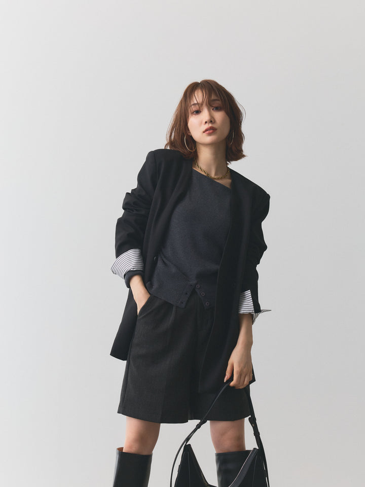 【Allure】[SET]シャツカフスフロントスリットニットプルオーバー+ウールライクハーフパンツ+ノーカラーステッチデザインジャケット(3set)