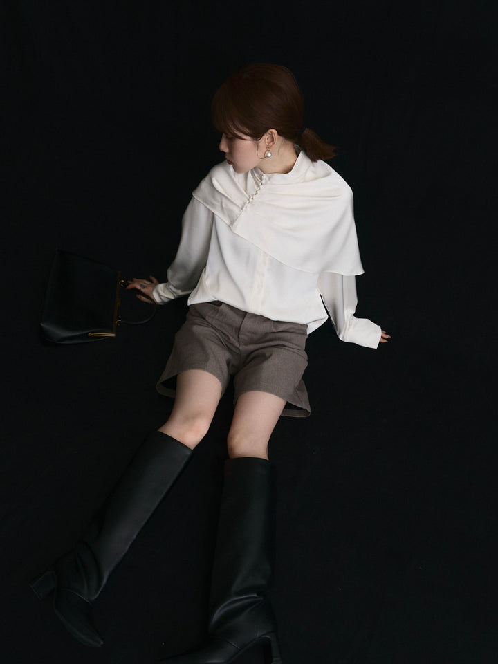 【Allure】[SET]ケープ付サテンシャツ+ウールライクハーフパンツ(2set)