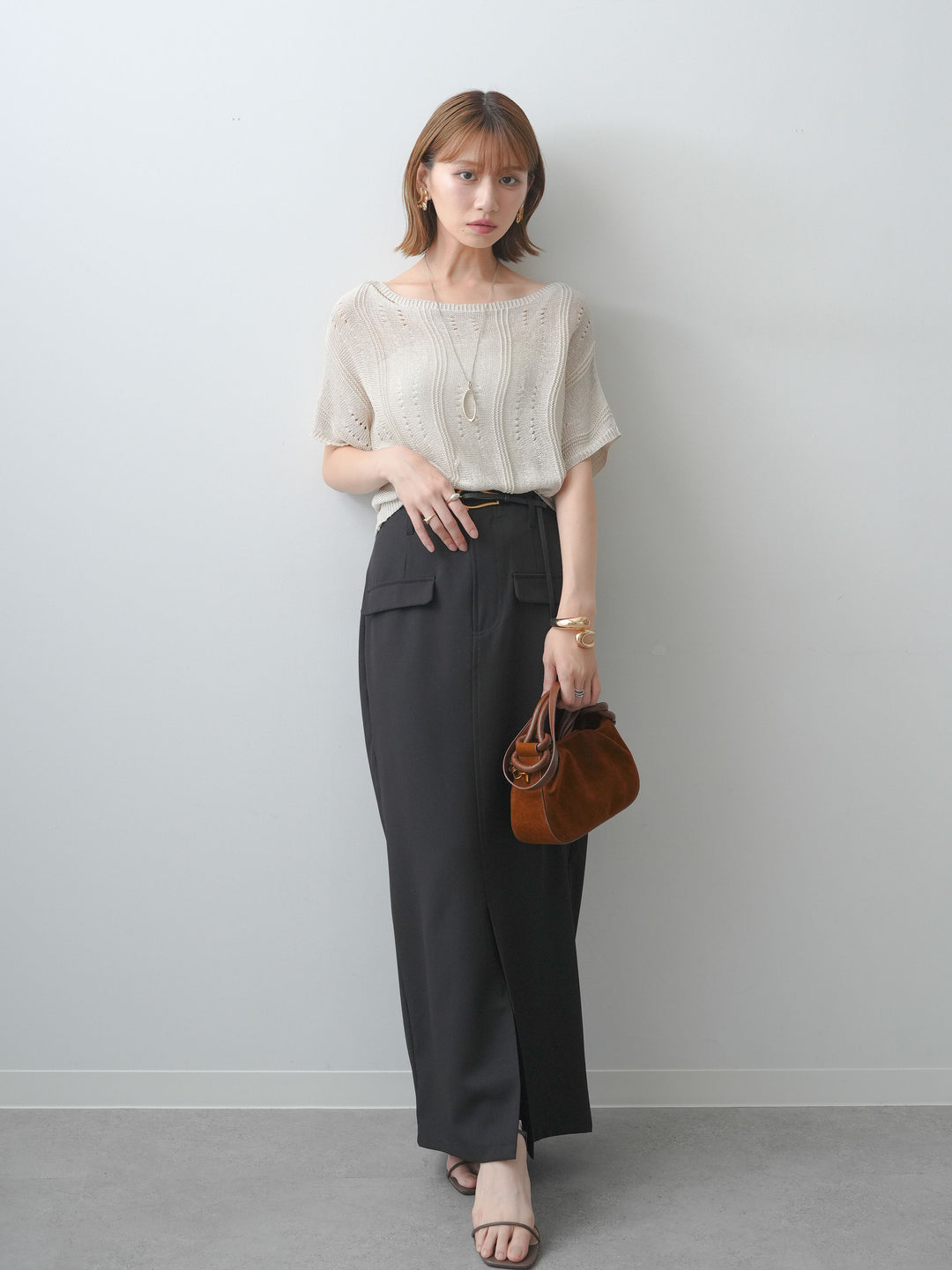 [SET]アイレットサマーニットトップス+クレープデシンフラップ付きストレートスカート(2set)
