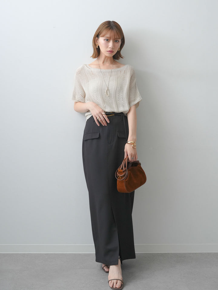 [SET]アイレットサマーニットトップス+クレープデシンフラップ付きストレートスカート(2set)