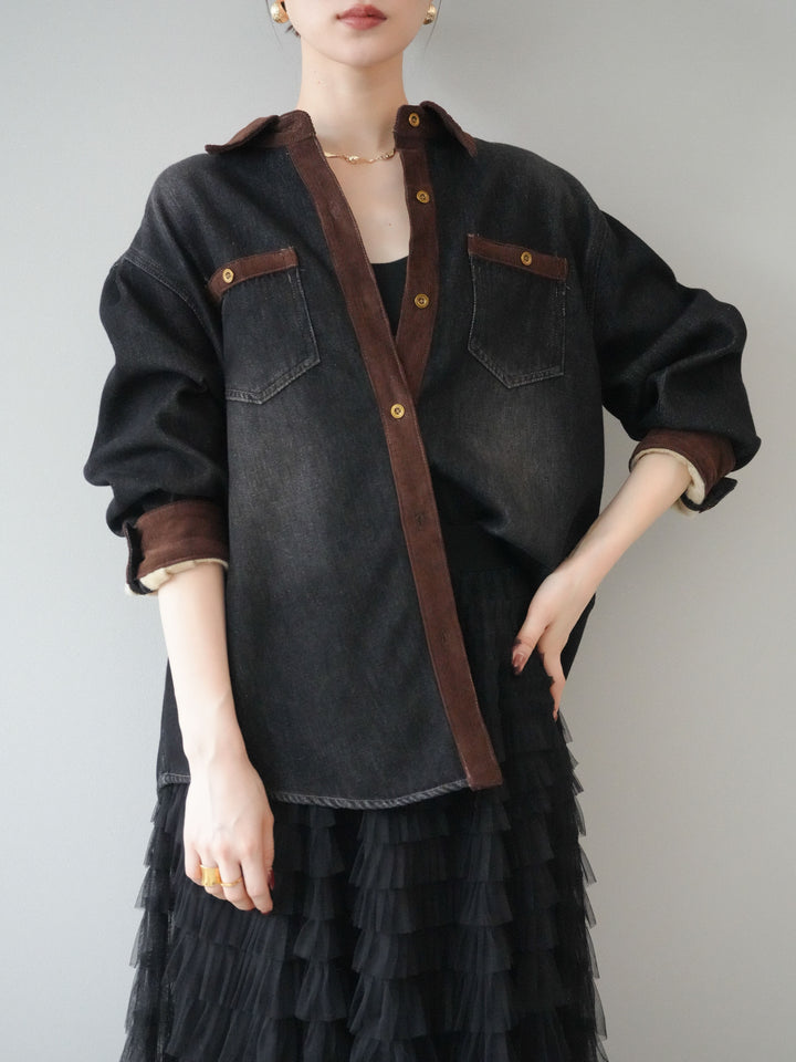 [予約]裏起毛コーデュロイ襟デニムシャツジャケット/black