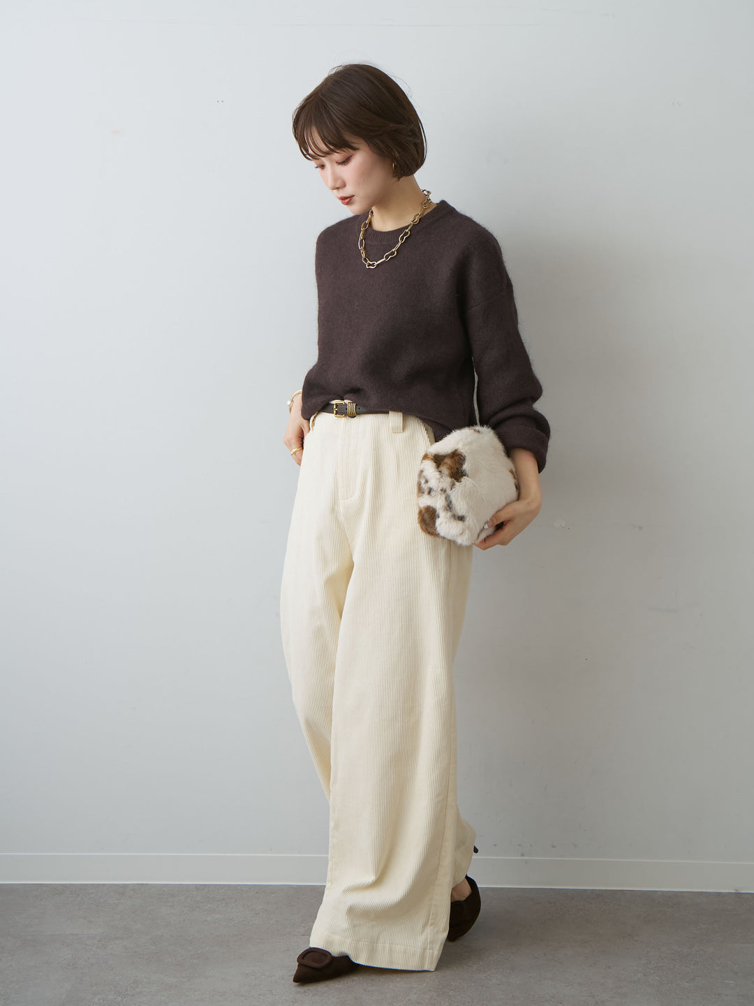 [SET]ソフトシャギークルーネックプルオーバー+ベルト付コーディロイワイドストレートパンツ(2set)