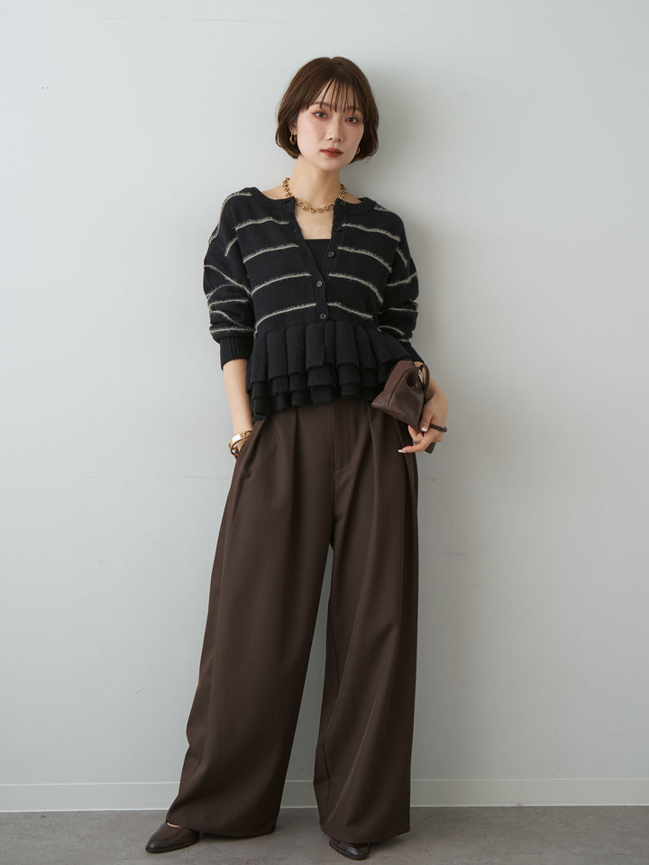[SET]フェザーボーダーフリルカーディガン+ツイルタックワイドパンツ(2set)