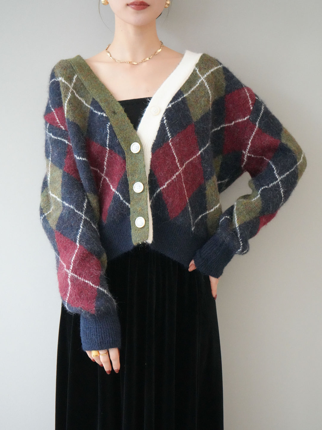 [予約]配色アーガイル柄ニットカーディガン/green