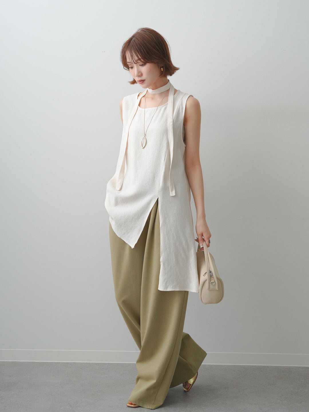 [SET]タイ付アシメヘムノースリトップス+リラックスドレープスウェットパンツ(2set)