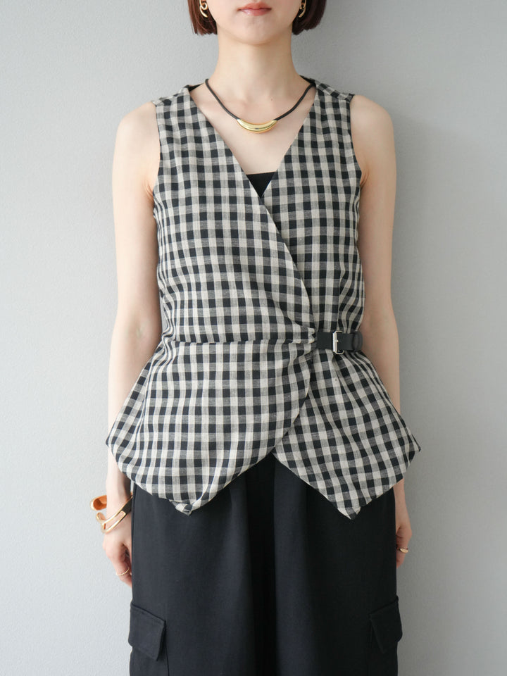 [予約]ベルトデザインバルーンブラウス/チェック