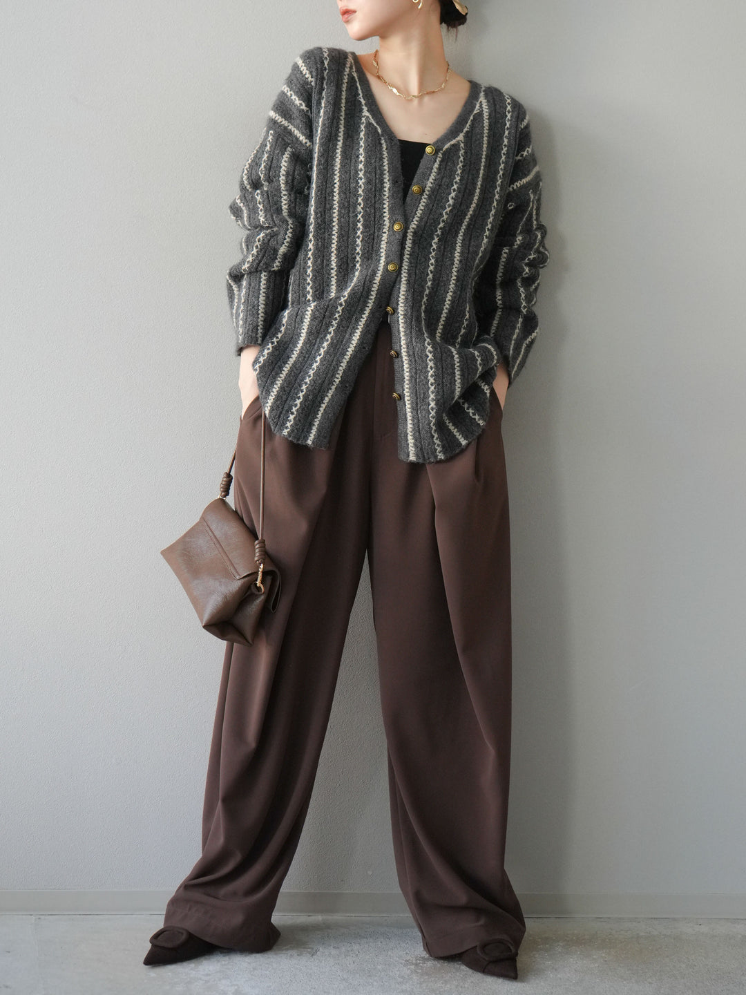 [予約]ベルト付タックワイドパンツ/ブラウン