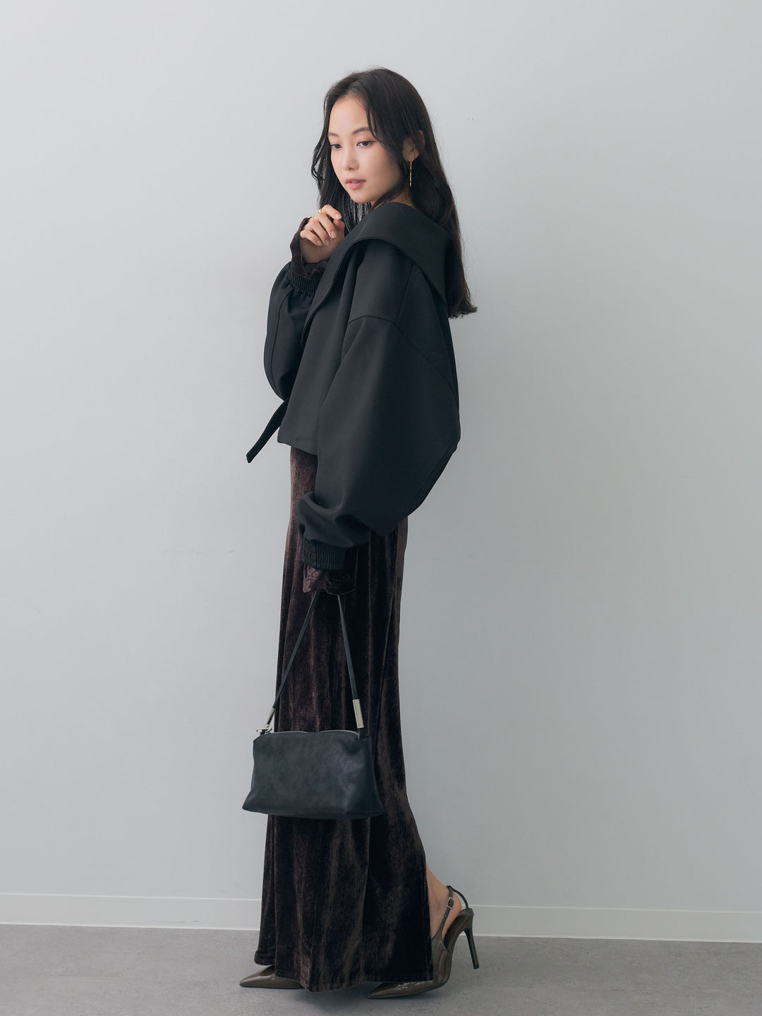 [予約]ベロアレースドッキングオフショルワンピース/brown