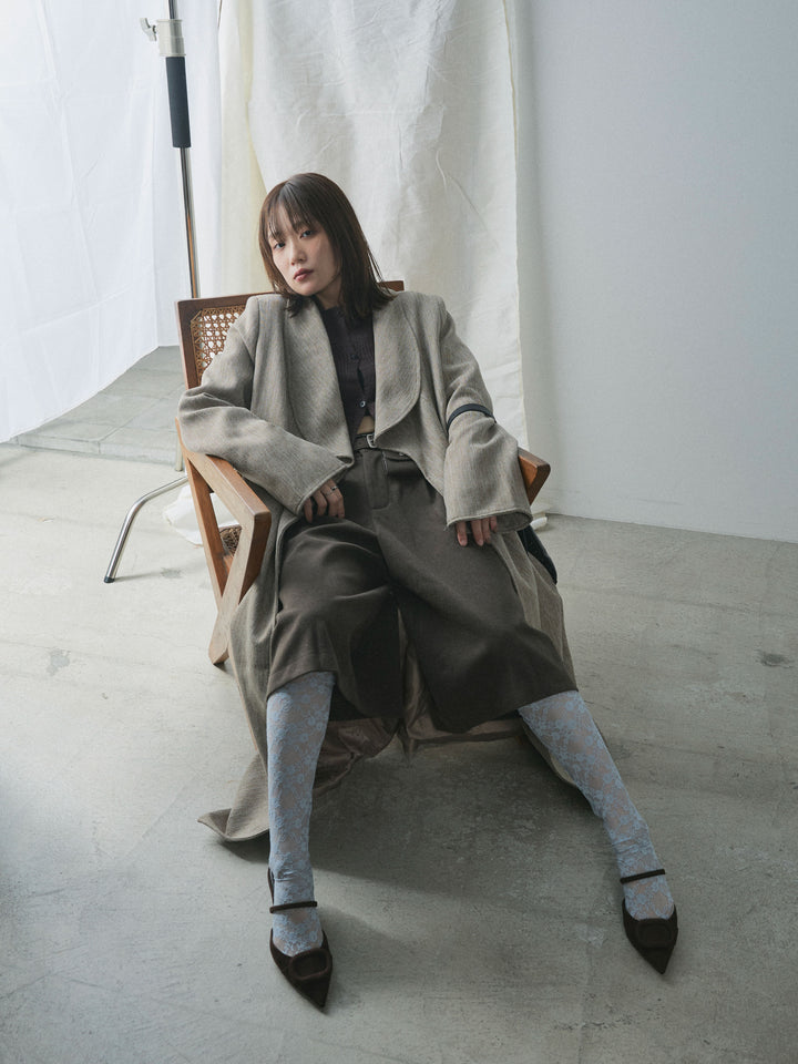 【Allure】[SET]ツイードタッチロングコート+デザインショートニットカーディガン(2set)