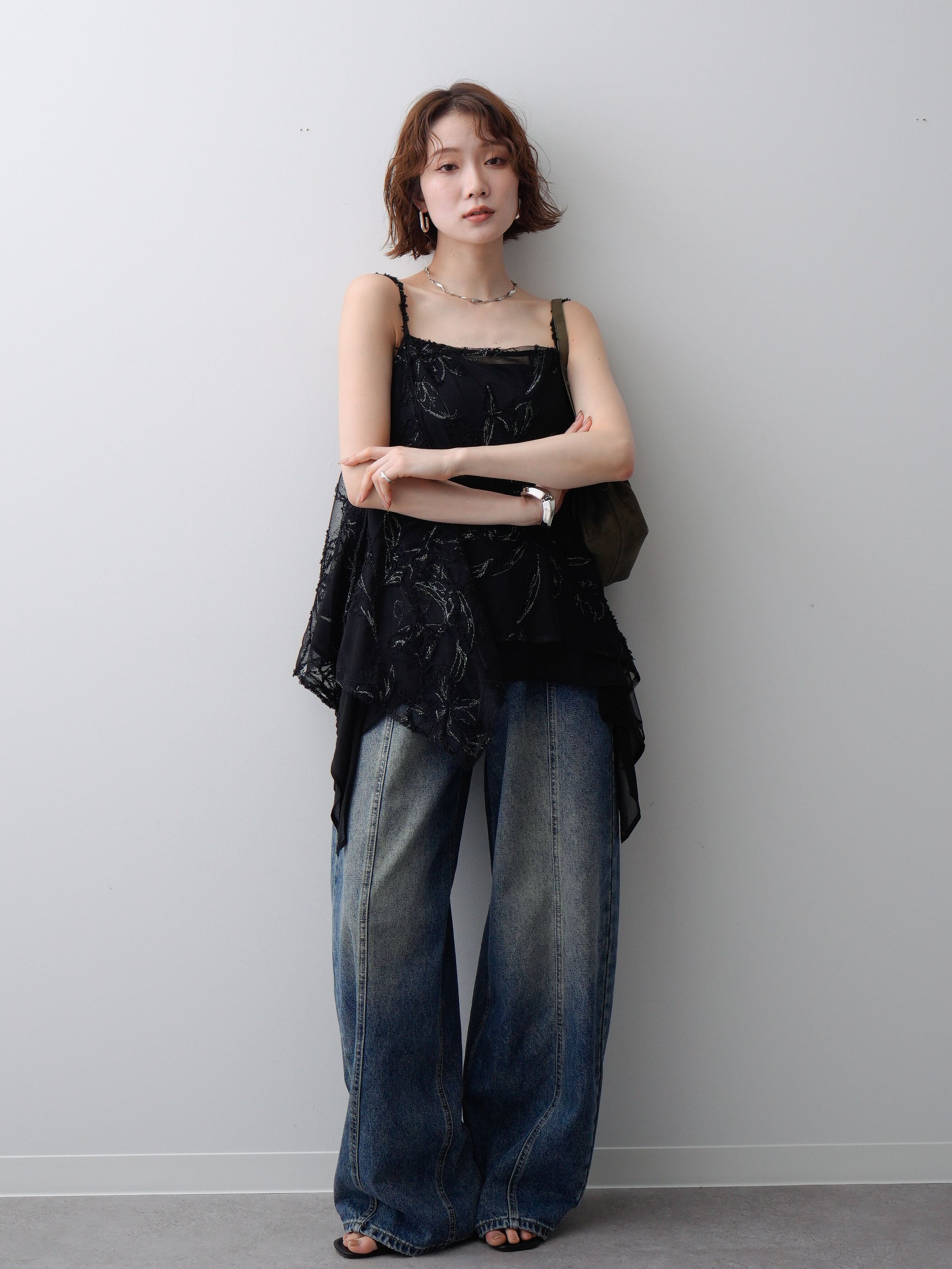 SET]フラワージャガードアシメキャミソール+センターシームストレート
