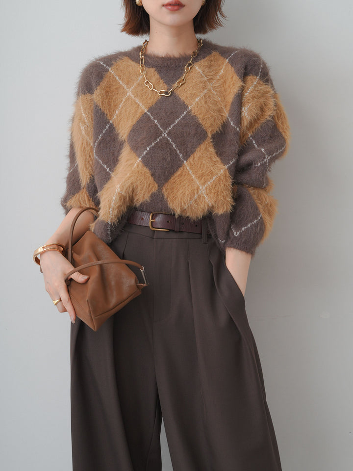 [予約]アーガイルシャギーニットトップス/brown