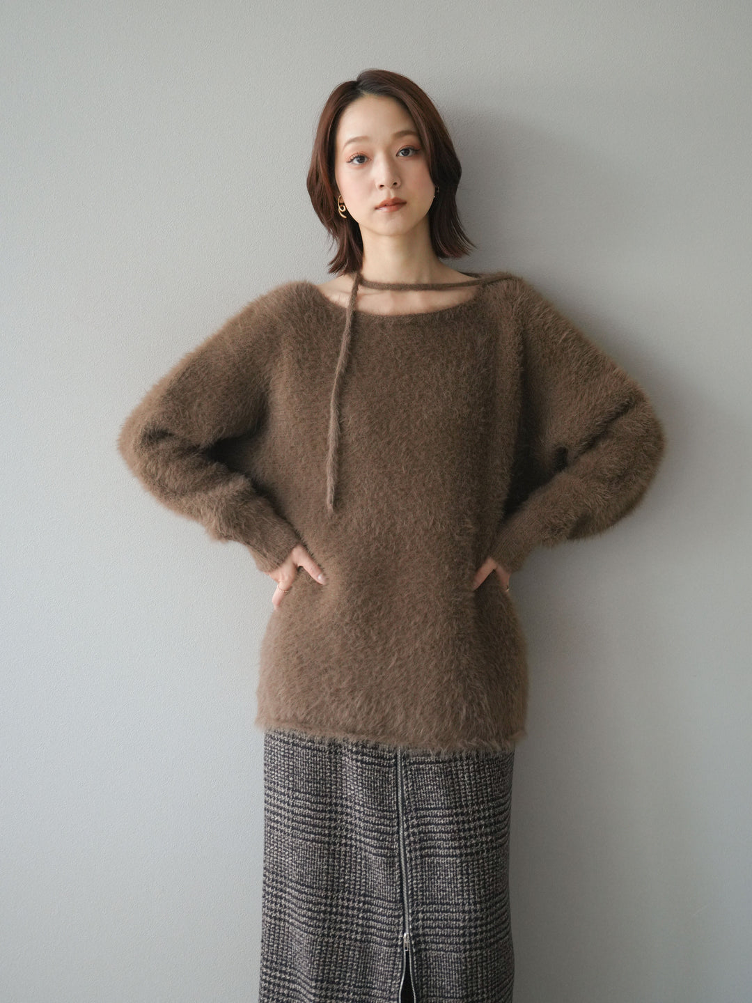 [予約]紐付きシャギーニットプルオーバー/camel