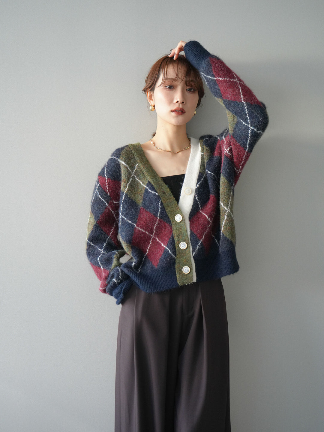 [予約]配色アーガイル柄ニットカーディガン/green